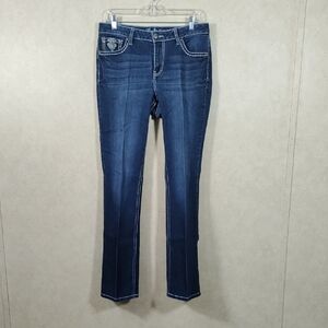 03118 Love Indigo Premium dark wash topstitched & embroidery jeans 12
